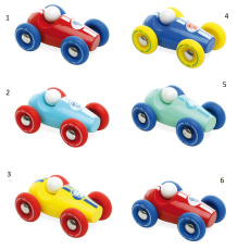 Vilac Dřevěné závodní mini auto 1 ks červené s modrými koly